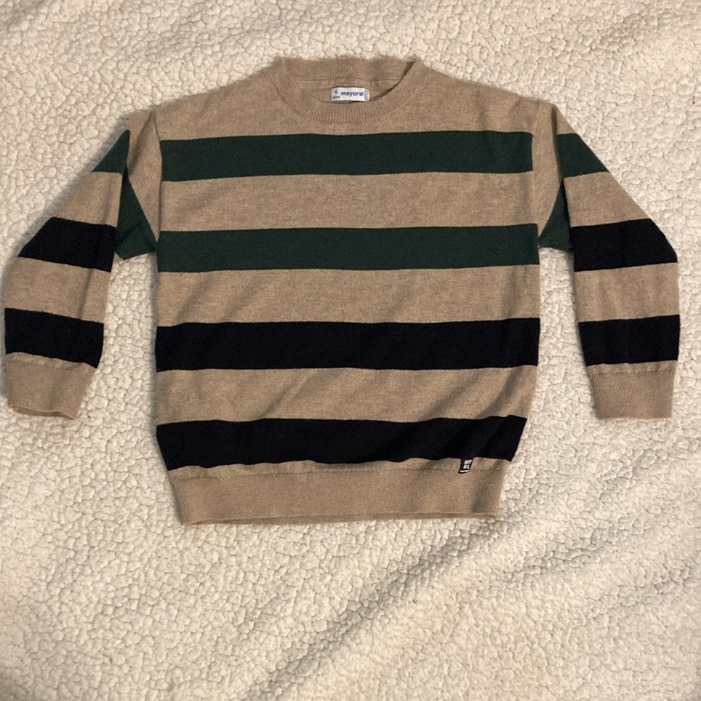 Boys 4T Mayoral Tan Black and Green Striped Sweater Cozy Knit